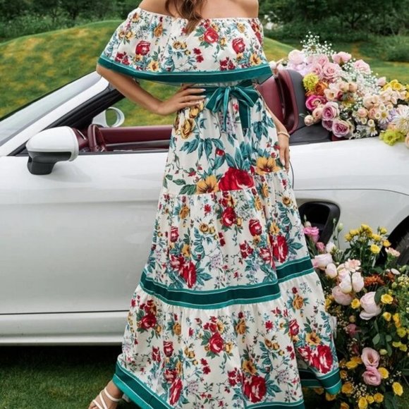 Floral Off Shoulder Ruffle Hem Belted Maxi Dress Multi color - Picture 4 of 6